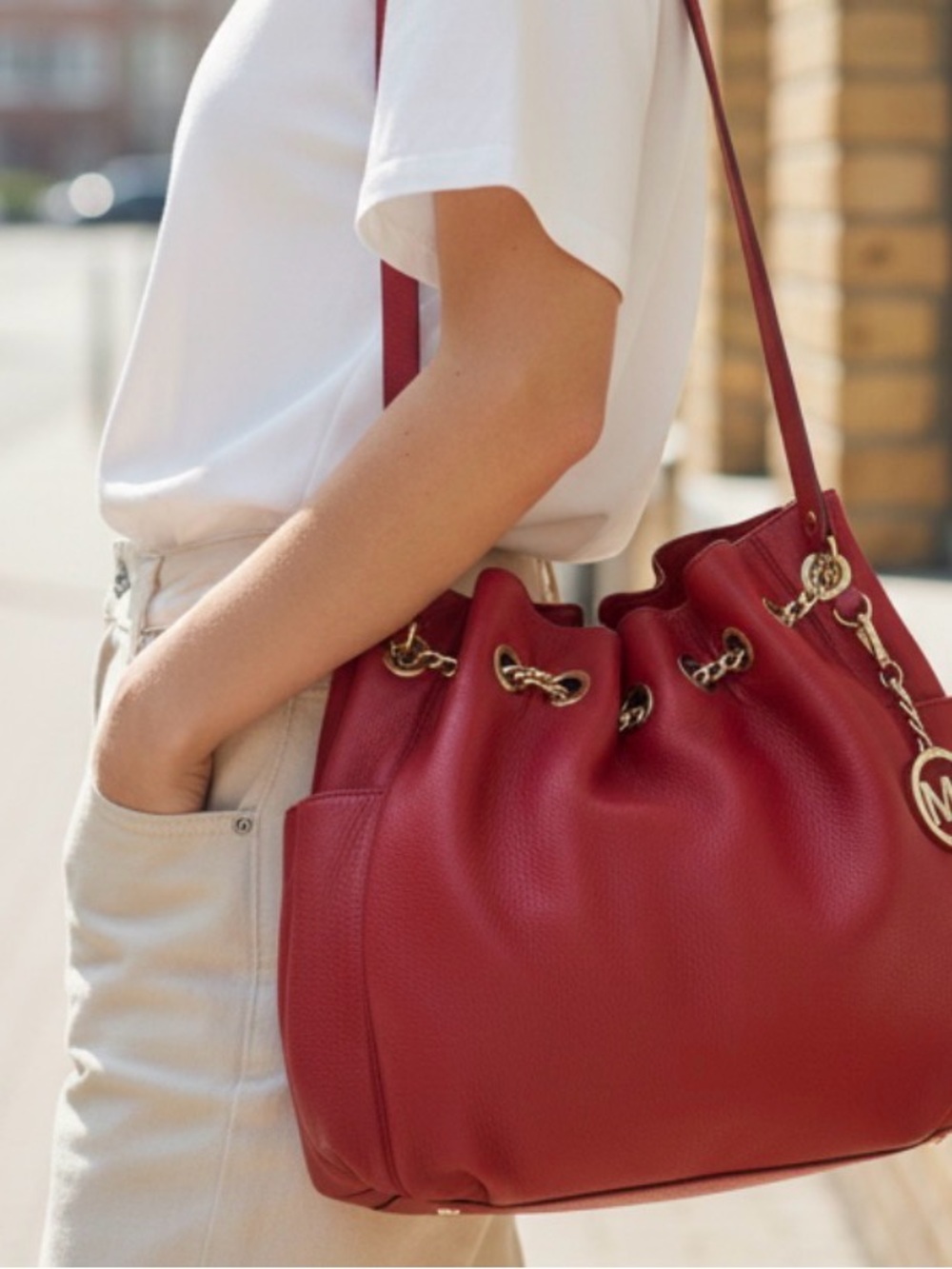 Michael Kors Red Leather Drawstring Satchel